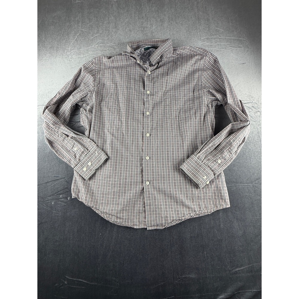 Perry Ellis Mens XL Plaid Button Down Shirt Blue White Orange 100% Cotton LS